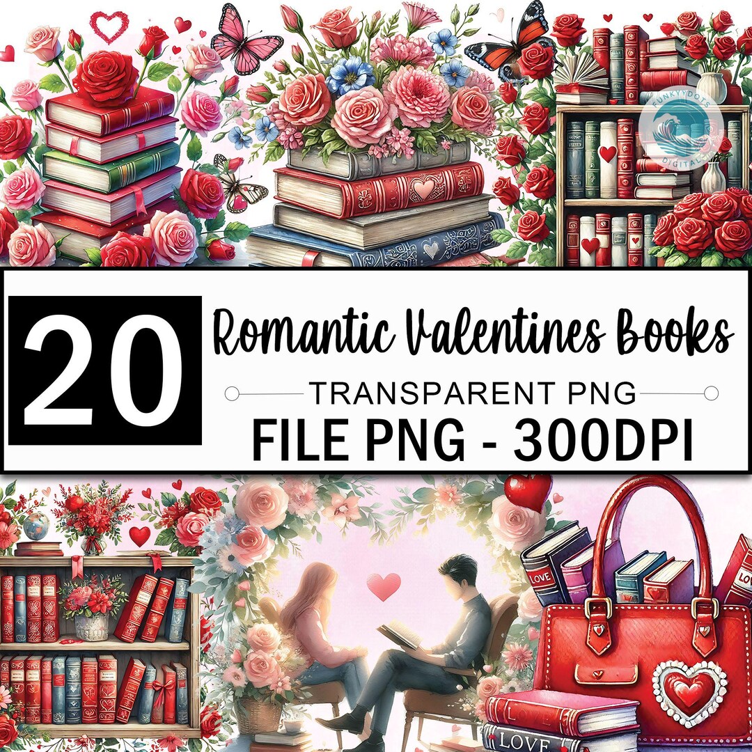 Watercolor Book Valentine Clipart Bundle, 20 PNG Fantasy Books ...