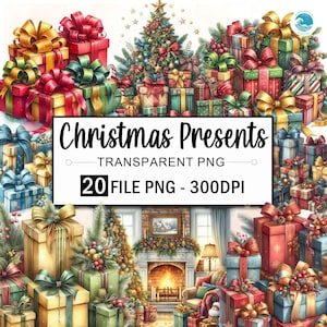 Aquarel kerstcadeaus clipart, 20 png kerstcadeaus clipart, leuke cadeaus decor png bundel, kerst clipart, commercieel gebruik