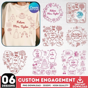 May include: A cream t-shirt with a red design featuring the text "Future Mrs. Taylor" and wedding-themed illustrations. The image also showcases custom engagement designs, including hearts, cakes, and text, in a variety of styles.