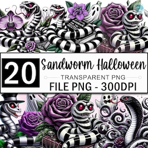 Retro Horror Clipart Bundle, Beetlejuice Sandworm Png Clipart, Horror Movie Clipart, Spooky Creature Png, Flower Clipart, 20 Design Png