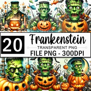 Halloween Clipart Bundle, Halloween Frankenstein Pumpkin Png Clipart, Monsters Clipart, Vampire Png, Pumpkin Clipart, 20 Design Png