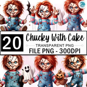Chucky Clipart, Chucky com cupcake PNG Bundle, Personagens Killer Clipart, Halloween PNG, Filme de Terror Clipart, Filme de Terror PNG