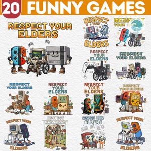 May include: A collection of 20 humorous illustrations featuring anthropomorphic video game consoles and controllers. Each image includes the text "RESPECT YOUR ELDERS" in a variety of designs, with a banner at the top that says "20 FUNNY GAMES".