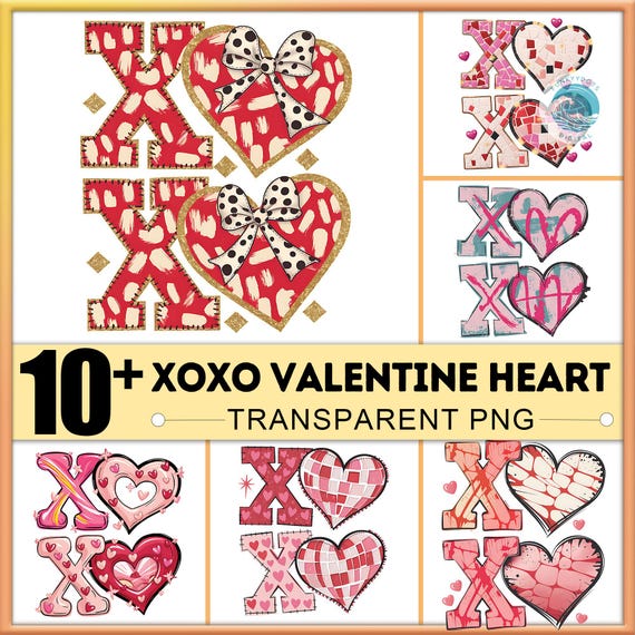 Coquette Xoxo Glitter Png Bundle, 10 PNG Heart Brushstroke, Xoxo Valentine Day Png Bundle, Romantic Png, Retro Heart Png, Kiss You Png