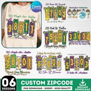 Könnte beinhalten: Eine Sammlung von individuellen Postleitzahl-Designs in Lila, Grün und Gold, mit dem Text "Laissez les bons temps rouler!" auf einem cremefarbenen T-Shirt. Die Designs sind für Mardi Gras Feiern und Erinnerungen.