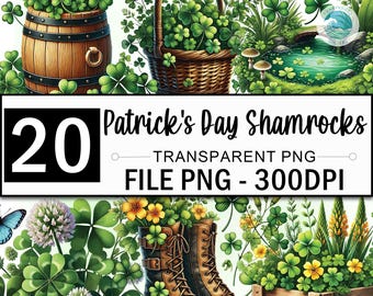 Kleeblatt Blätter Clipart Bundle, 20 PNG Kleeblatt, Aquarell Kleeblätter Clipart, Topf voller Gold Png, Patrick's Day Clipart, Regenbogen Png