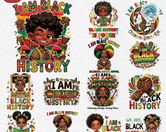 Könnte beinhalten: Eine Sammlung von 20 farbenfrohen Grafikdesigns mit dem Text "I AM BLACK HISTORY". Die Designs zeigen Illustrationen von schwarzen Kindern und Erwachsenen, Musikinstrumenten und kulturellen Symbolen. Die Farbpalette umfasst Rot, Gelb, Grün und Schwarz.