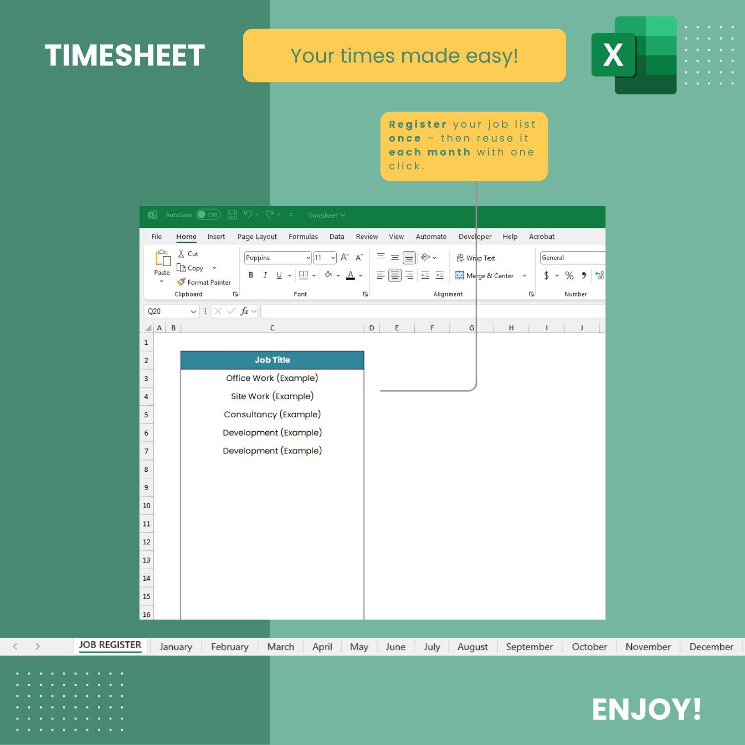 Monthly Excel Timesheet Template | Editable & Automated Work Hour ...