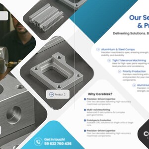 Pu&ograve; includere: Immagine promozionale per Coremek Industries, che mostra componenti metallici lavorati. L'immagine presenta varie parti metalliche, tra cui un blocco rettangolare con un foro circolare e un componente metallico complesso. Il testo evidenzia i servizi e le informazioni di contatto.