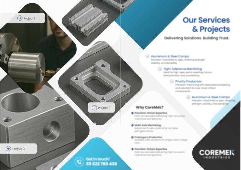 Pu&ograve; includere: Immagine promozionale per Coremek Industries, che mostra componenti metallici lavorati. L'immagine presenta varie parti metalliche, tra cui un blocco rettangolare con un foro circolare e un componente metallico complesso. Il testo evidenzia i servizi e le informazioni di contatto.