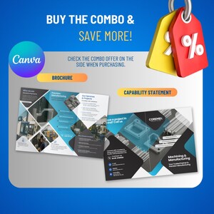 Pu&ograve; includere: Una grafica promozionale con sfondo blu, con il logo Canva, il testo "ACQUISTA IL COMBO E RISPARMIA DI PI&Ugrave;!" e due brochure. Una brochure &egrave; etichettata "BROCHURE" e l'altra "CAPABILITY STATEMENT".