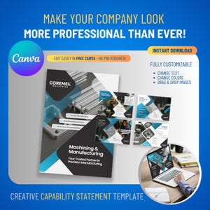 Puede incluir: Un gráfico azul y blanco que promociona una plantilla de declaración de capacidad creativa. El texto dice "¡Haga que su empresa se vea más profesional que nunca!" y "Edite fácilmente en Canva gratis". La plantilla muestra servicios de mecanizado y fabricación.