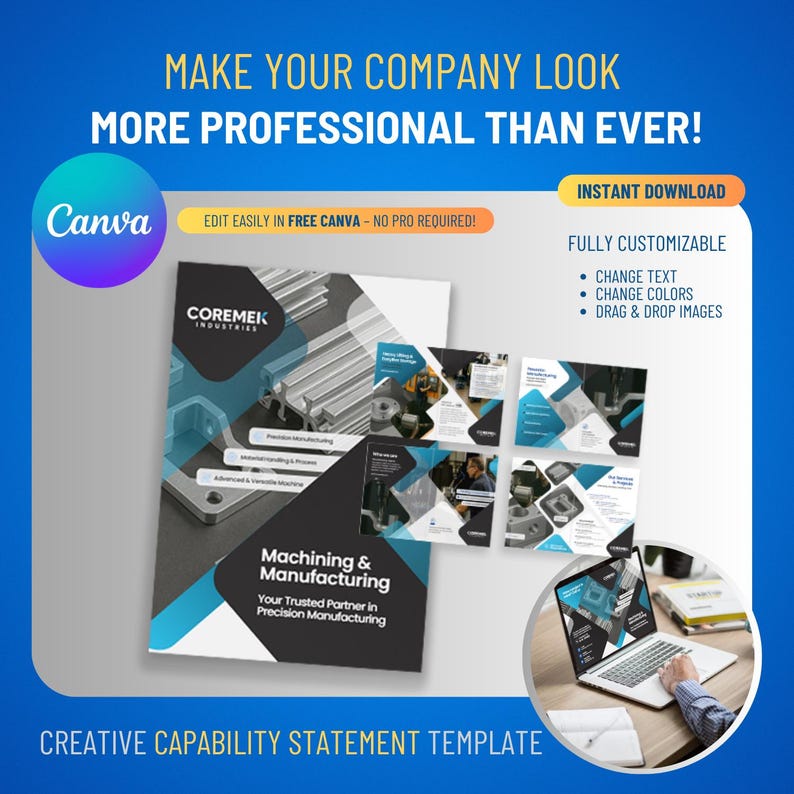 Pu&ograve; includere: Una grafica blu e bianca che promuove un modello di dichiarazione di capacit&agrave; creativa. Il testo recita "Rendi la tua azienda pi&ugrave; professionale che mai!" e "Modifica facilmente in Canva gratuito". Il modello presenta servizi di lavorazione e produzione.