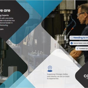 Pu&ograve; includere: Brochure per Coremek Industries, un'azienda manifatturiera. La brochure presenta un macchinista che lavora su un pezzo di metallo con una grande macchina. Il testo include "Chi siamo" e le informazioni di contatto.