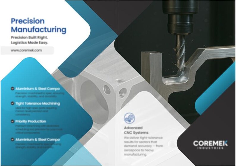 Pu&ograve; includere: Brochure per la produzione di precisione, con un particolare di un pezzo di metallo in lavorazione. La brochure include testo su componenti in alluminio e acciaio, lavorazione a tolleranza stretta e produzione prioritaria. Il logo Coremek Industries &egrave; visibile.