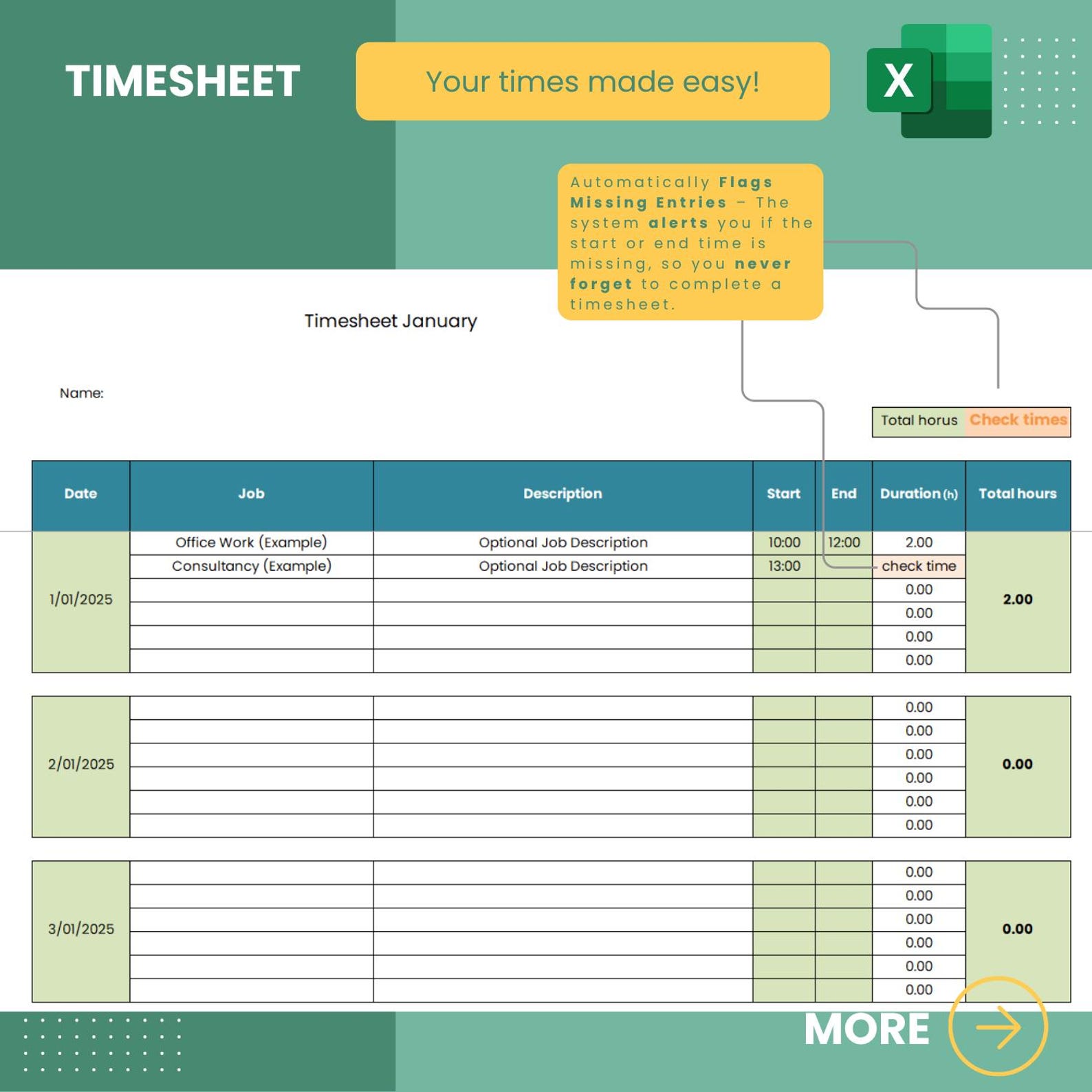 Monthly Excel Timesheet Template | Editable & Automated Work Hour ...