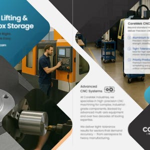 Pu&ograve; includere: Una pubblicit&agrave; per CoreMek Industries, con lavorazione CNC. L'immagine presenta un uomo a una macchina, con testo che evidenzia precisione e soluzioni di stoccaggio. Il logo dell'azienda &egrave; visibile.