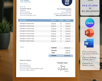 Modello di fattura modificabile: design aziendale moderno (Canva, Word, PPT) - A4 e lettera USA