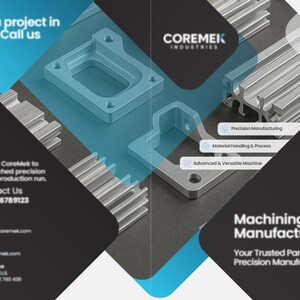 Pu&ograve; includere: Brochure per Coremek Industries, con componenti metallici blu chiaro e il testo "Lavorazione e produzione". La brochure include informazioni di contatto e descrizioni di servizi come "Produzione di precisione".