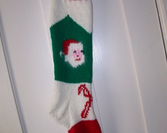 Hand Knit  Christmas Stocking Santa Face and Candy Canes 2026
