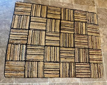 Vintage Antique Handmade Checkerboard Hooked Rug 31”x39”