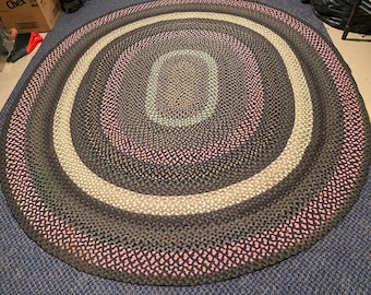 Vintage Handmade Oval Wool  Braided Rug 81" X 71"
