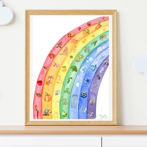 Póster de aprendizaje de los colores del arcoíris: Descubro los colores jugando. Descarga digital instantánea.