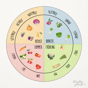 May include: A watercolor illustration of a seasonal produce chart. The circular design is divided into four sections representing seasons, with months and corresponding fruits and vegetables. The text includes "Herbst", "Winter", "Sommer", and "Frühling".