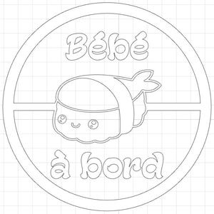 Autocollant Kawaii "Bébé à bord" avec sushi, monochrome pour voiture