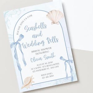 Invitación para despedida de soltera - Conchas y campanas de boda - Temática costera - Azul y beige - Plantilla editable