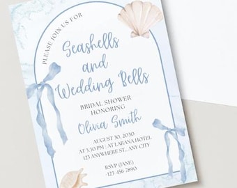 Invitación para despedida de soltera - Conchas marinas y campanas de boda - Tema costero - Azul y beige - Plantilla editable