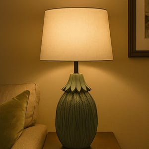 Hand-Carved Wooden Table Lamp with Teal Leaf Design – Boho Vintage Pineapple Shape Lamp with Linen Shade