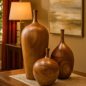 Handmade Teak Wood Vase Set of 3: Rustic Modern Decor