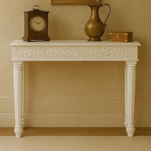 Wooden Handmade Table Hand-Carved White Wooden Console Table – Foldable Leg Design | Urban Relics India