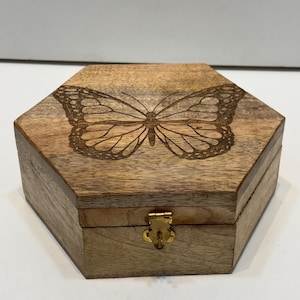 Handcrafted Mango Wood Storage Box with Butterfly Engraving | Rustic Keepsake Box with 3 Compartments | Jewelry, Tea, or Trinket Organizer