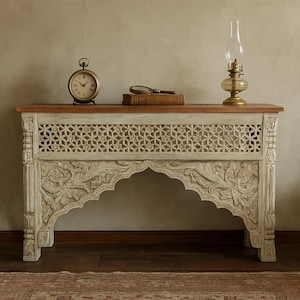 New Handmade Foldable Hand-Carved Wooden Console Table Features  Finish