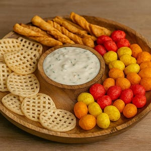 Mango Holz Chip und Dip Serviertablett | Handgemachte Party Snack Platte | Hölzerne Vorspeisenplatte mit Dipschale | Umweltfreundlich
