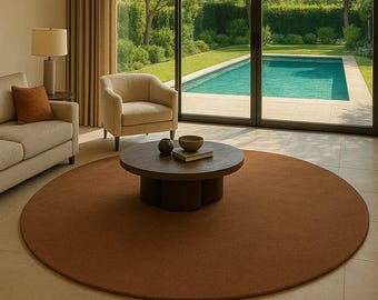 Handmade Wool Round Rug: Minimalist Brown Carpet