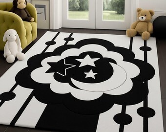 8x10Black and White Moon & Stars Kids Rug: Modern Nursery Playroom Carpet