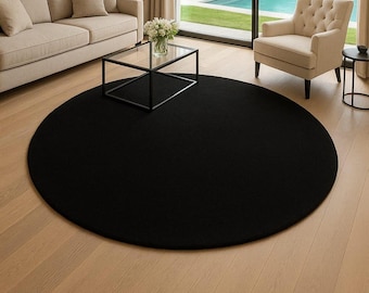 6x6Modern Black Round Area Rug – Minimalist Wool Blend Carpet for Living Room or Bedroom9x9