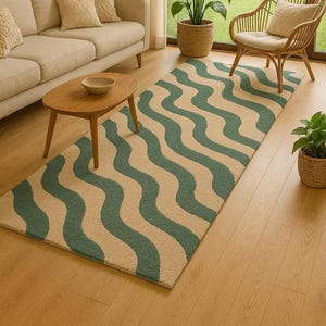Handgetufteter Wollteppich: Beige & Blaugrünes Gewelltes Skandinavisches Design
