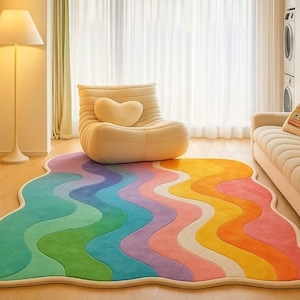 Colorful Area Rug, 100% Wool Wavy Pattern with Sculpted High-Low Pile