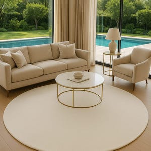 A modern white round rug placed in a beige living room beside large windows with pool and garden view. The soft wool-blend carpet sits under a marble coffee table and cream sofa, creating a bright, elegant, and minimalist interior. Perfect for contemporary, Scandinavian, or neutral-style homes.