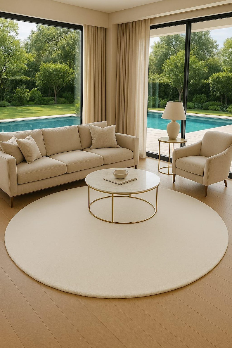 A modern white round rug placed in a beige living room beside large windows with pool and garden view. The soft wool-blend carpet sits under a marble coffee table and cream sofa, creating a bright, elegant, and minimalist interior. Perfect for contemporary, Scandinavian, or neutral-style homes.
