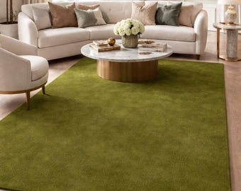 9x12Hand Tufted Olive Green Wool Rug, Minimalist Solid Carpet, Custom Size