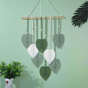 Green Leaves Macrame Wall Hanging, Macrame Feather, Farmhouse Wall Decor, Minimalist Wall Art, Boho Nursery Decor, New Home Gifts