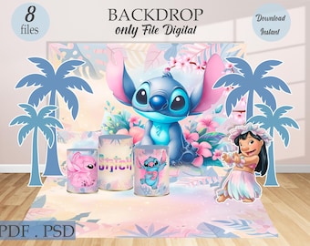Printable digital kit Stitch and Angel Party Kit, Floor Decal, Cylinder Covers & Cutouts - Banner - We adjust it to your measurements