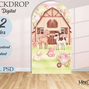 Bakgrund med godis i båge, 12x18 cm | Rektangulära och bågformade former | Digital födelsedagsbakgrund med bondgård | PSD- OCH PNG-filer