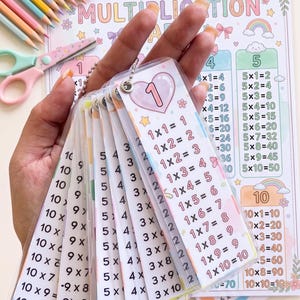 May include: A set of laminated multiplication flashcards on a metal ring, each card featuring a number from one to ten with its corresponding multiplication table. The cards are decorated with pastel hearts, stars, and rainbows, and are displayed against a matching multiplication chart and colored pencils.