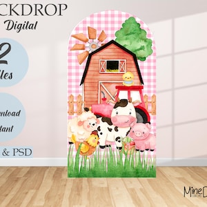 Pode incluir: Um fundo digital com uma ilustração em aquarela de uma cena de fazenda. O design inclui um celeiro vermelho, um trator, um moinho de vento e animais de fazenda como uma vaca, um porco e uma ovelha. O fundo tem o texto "BACKDROP File Digital" e "2 Files Download Instant PNG & PSD".